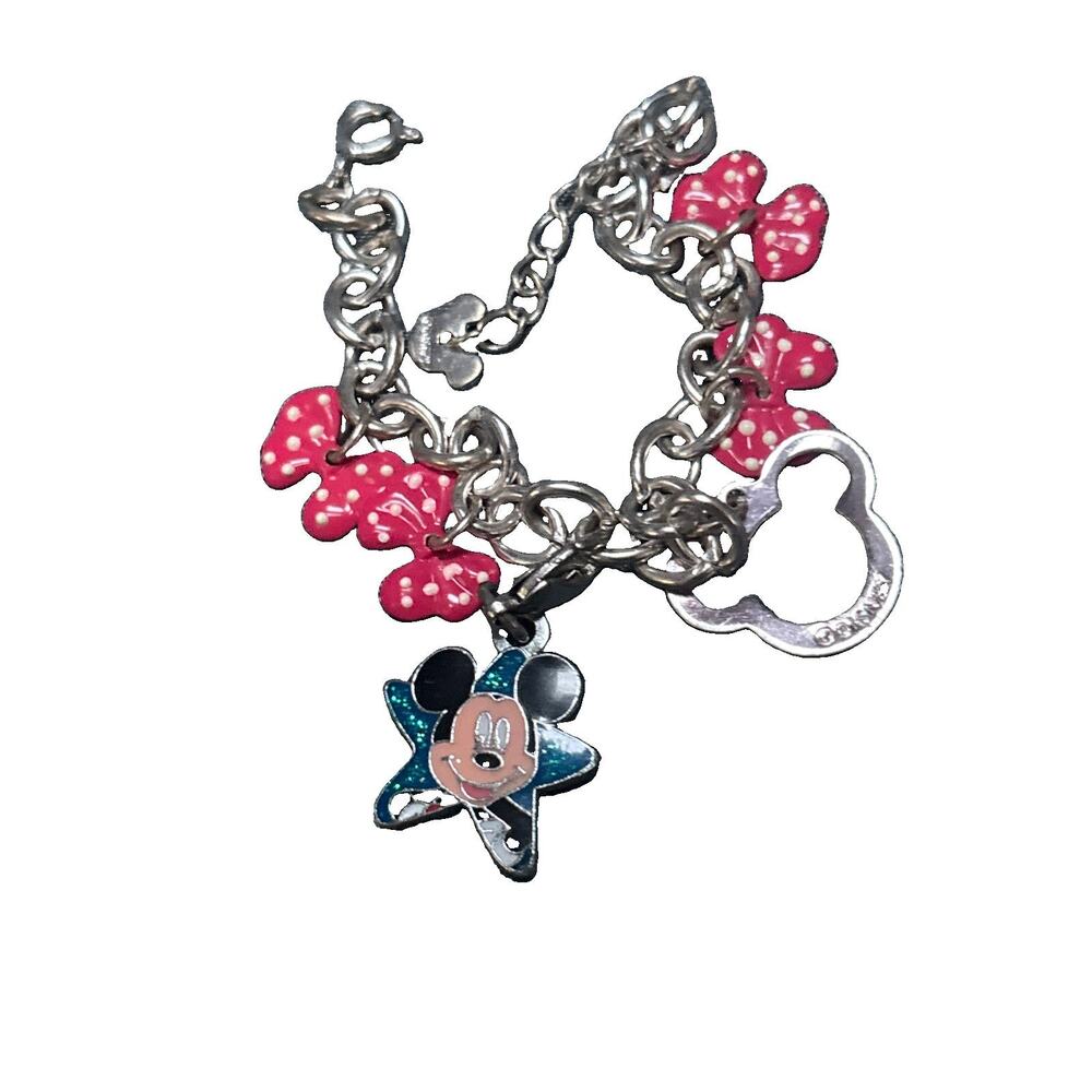 Disney Charm Bracelet Mickey Mouse Minnie Bows Silver Tone 7” Long Disney Charms